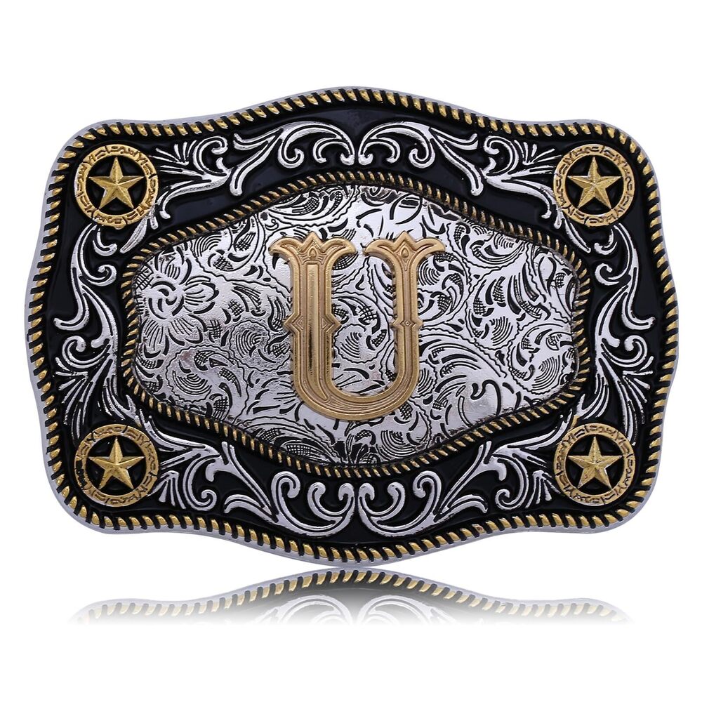 3696 Western Belt Buckle Initial Letters ABCDJMR to Z Large Gold Cowboy
